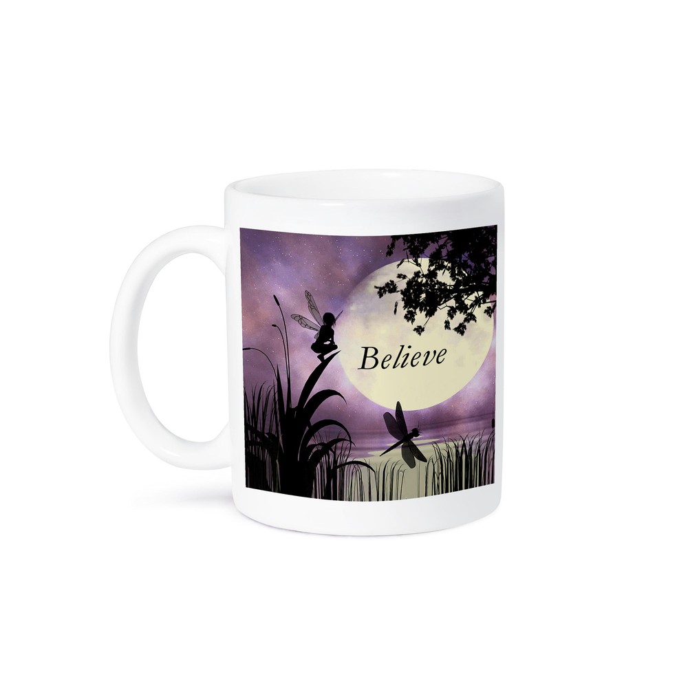 3D Rose Believe Fairy Mug with Dragonflies Moon and Purple Sky