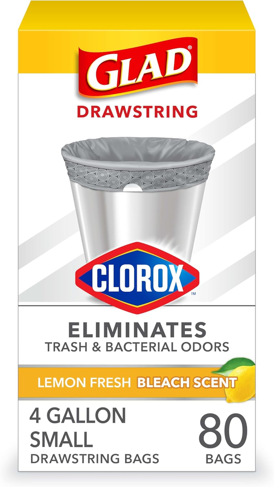 Small Drawstring Trash Bags with Clorox, 4 Gal, Lemon Fresh Bleach, 80 Ct (Packa