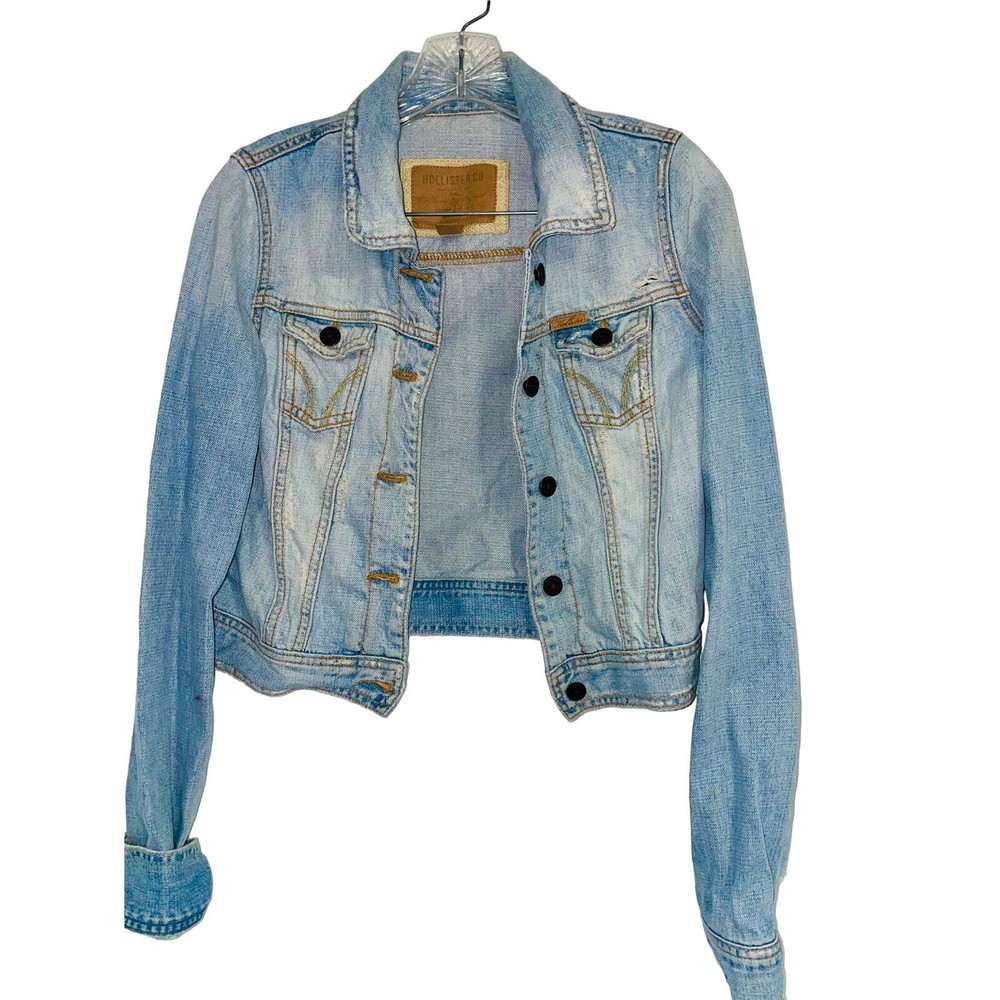 Vtg Y2K Hollister Womens Distressed Light Wash Blue Jean Jacket Sz Juniors Large
