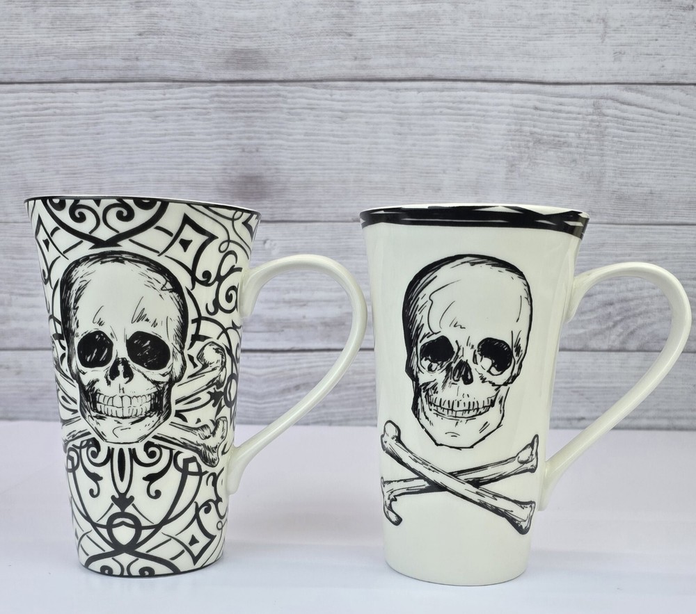Set of 2- Coventry Skulls Porcelain Tall Latte Coffee Mugs