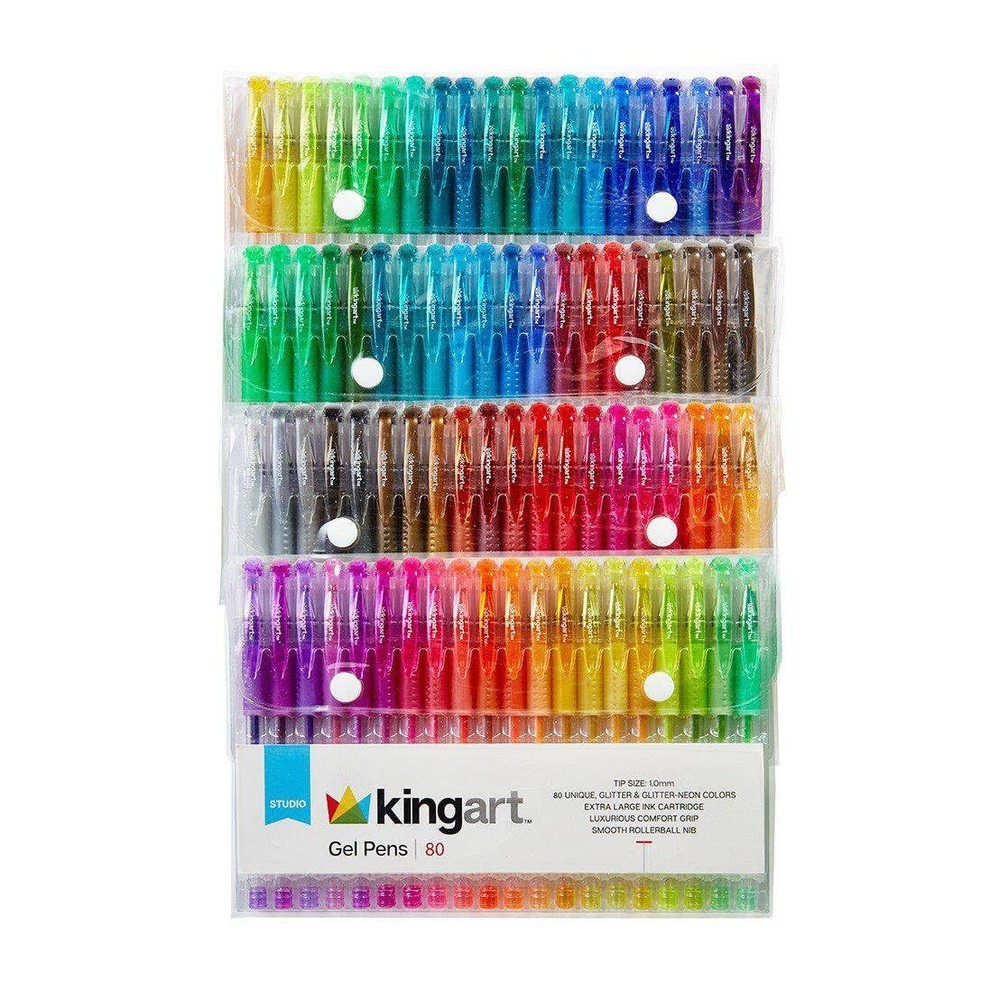 KINGART 400-80 GLITTER Rollerball GEL PENS, 80 Sparkling Colors with Soft-Gri...