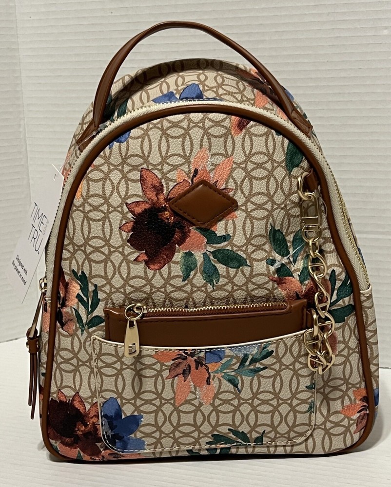 Time & Tru Womens Tan Faux Leather Floral Backpack Shoulder Bag with Coin Purse NWT