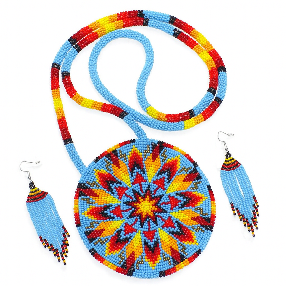 Cyan Blue Fire Sunburst Beaded Pendant Necklace & Earrings Set