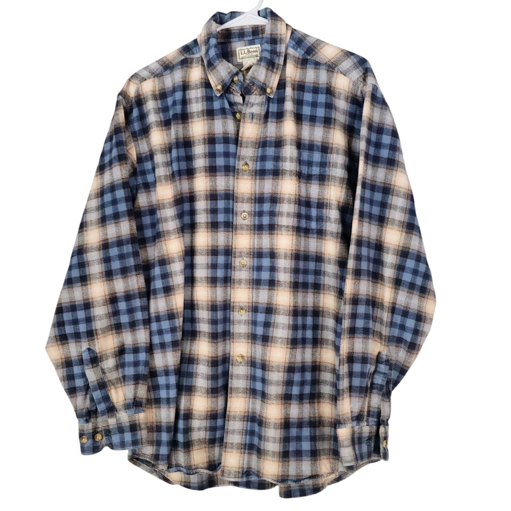 VTG LL Bean Blue Tan Tartan Plaid Flannel Shirt for Men Size LG