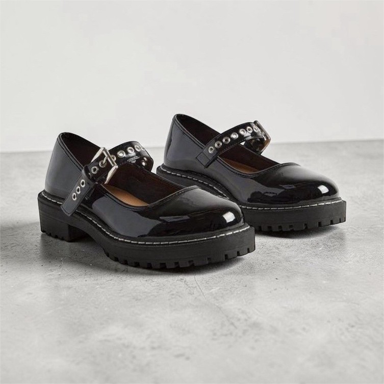 Patent Leather Mary Jane Flats Black Buckle Round Toe Chunky Sole Studded Strap