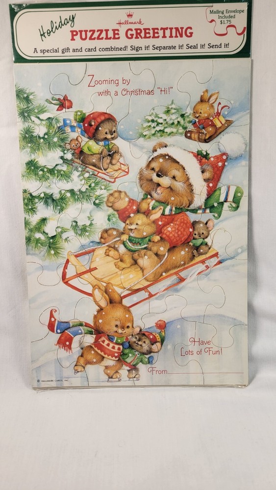 Vintage Hallmark Holiday Puzzle Greeting Card Sealed Snow Skating Sledding...