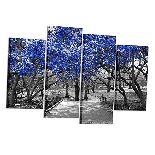 - 4 Panel Canvas Prints Blue Blossoms Trees in Black and White Landscape