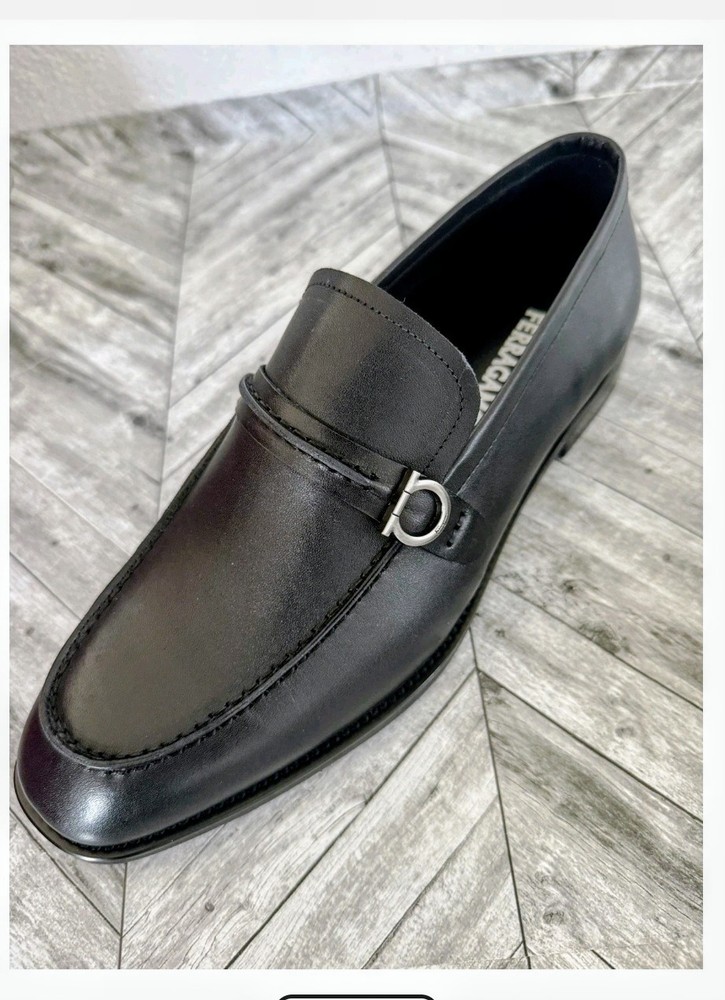 Ferragamo Florio Gancini Buckle Strap loafers Black Leather Men's Slip-on Shoes