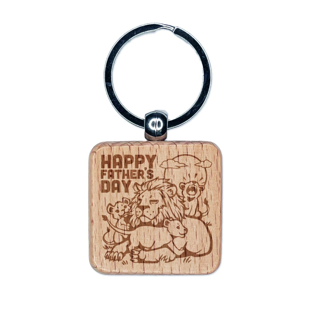 Fathers Day Lion and Cubs Engraved Wooden Square Keychain for Dad