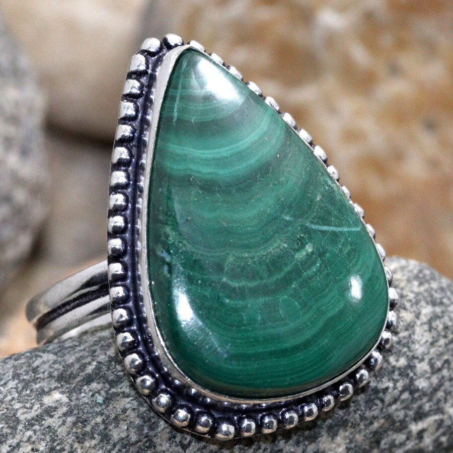 925 Silver Plated Malachite Ethnic Ring Handmade Jewelry Size US 11 JW