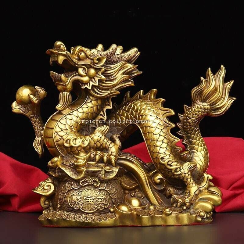 14-inch brass feng shui wealth dragon statue for home prosperity