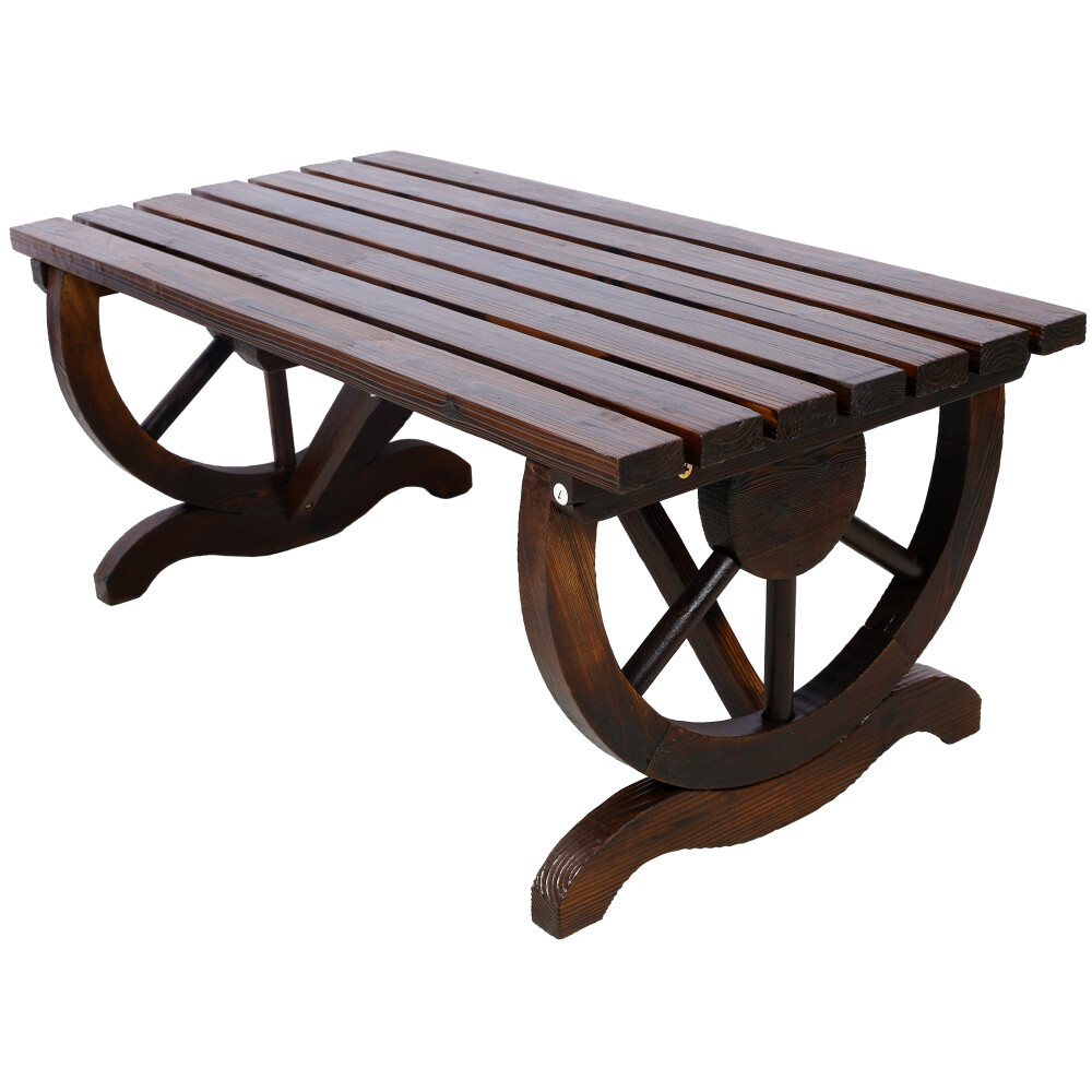 Outdoor Rustic Wooden Bench with Wagon Wheel Legs, 2 People Outdoor Bench