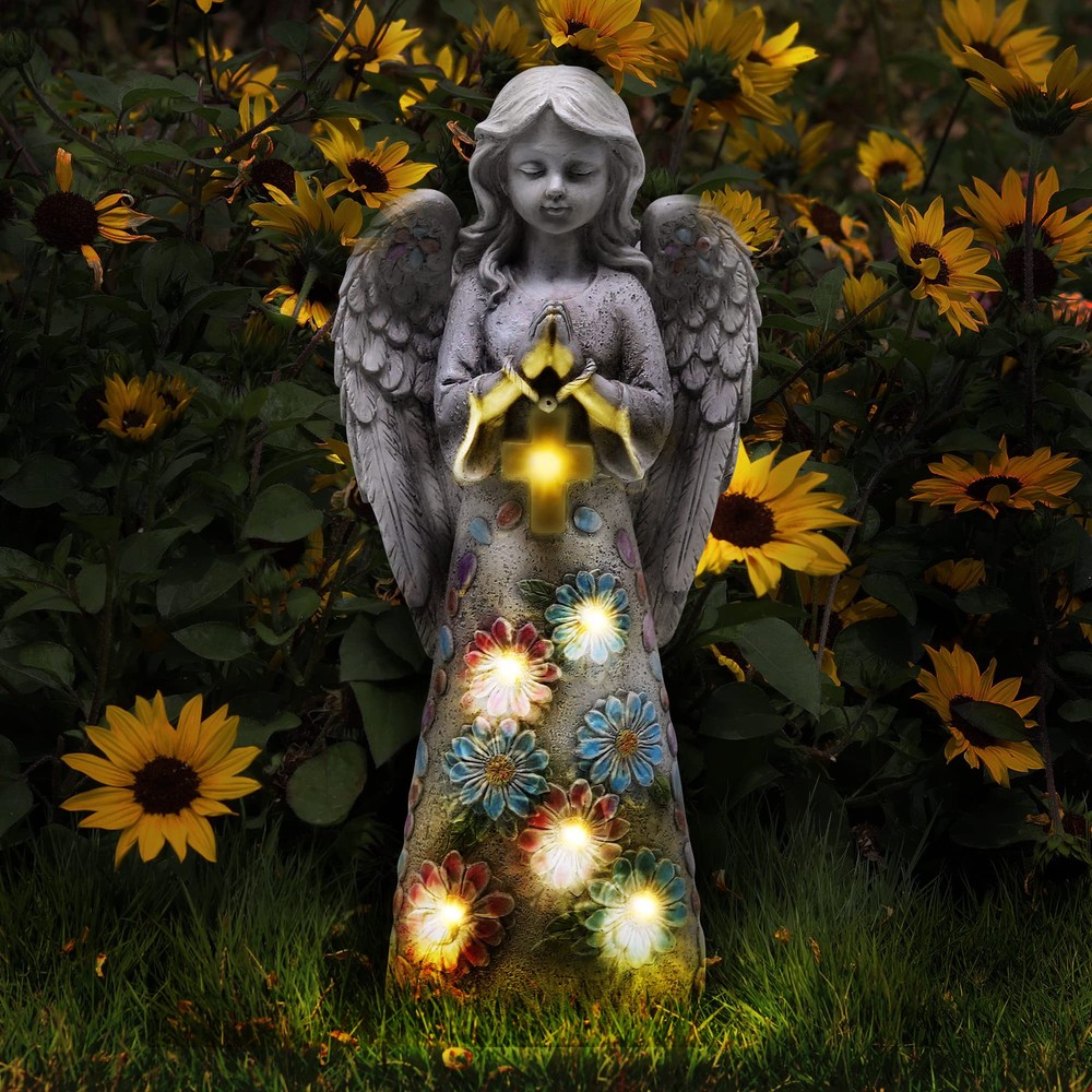 Angel Garden Figurine Outdoor Statue, Solar Garden Sculpture with 7 LEDs Welc...