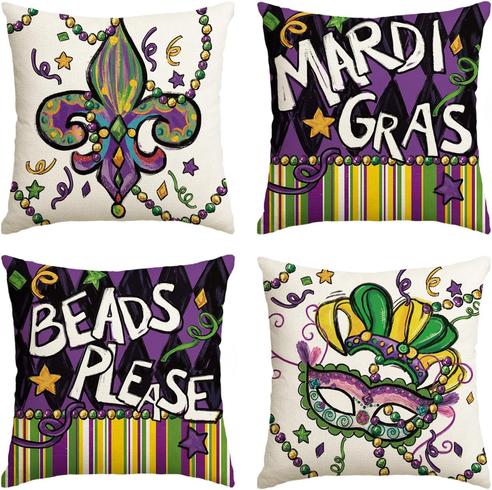 Mardi Gras Fleur De Lis Beads Mask Throw Pillow Covers, 18 X 18 Inch Stripes Hol