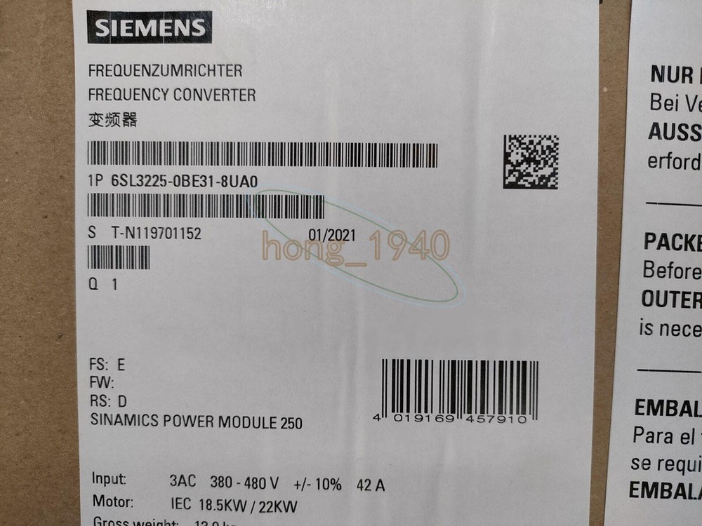 SIEMENS 6SL3225-0BE31-8UA0 18.5KW PM250 Series G120 Power Module New