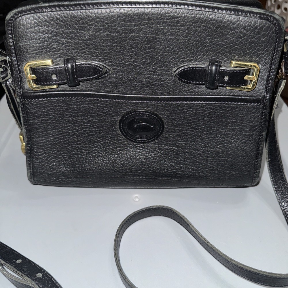 Vintage Dooney & Bourke Black Pebbled Leather Crossbody Bag Front Buckles