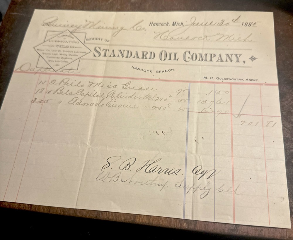 Quincy Mining Co Standard Oil Co Bill Head Hancock Michigan 1885 Mi