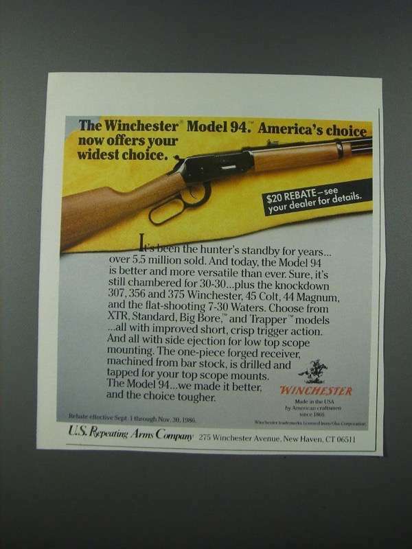 1986 Winchester Model 94 Rifle Ad - Americas Top Choice for Versatility