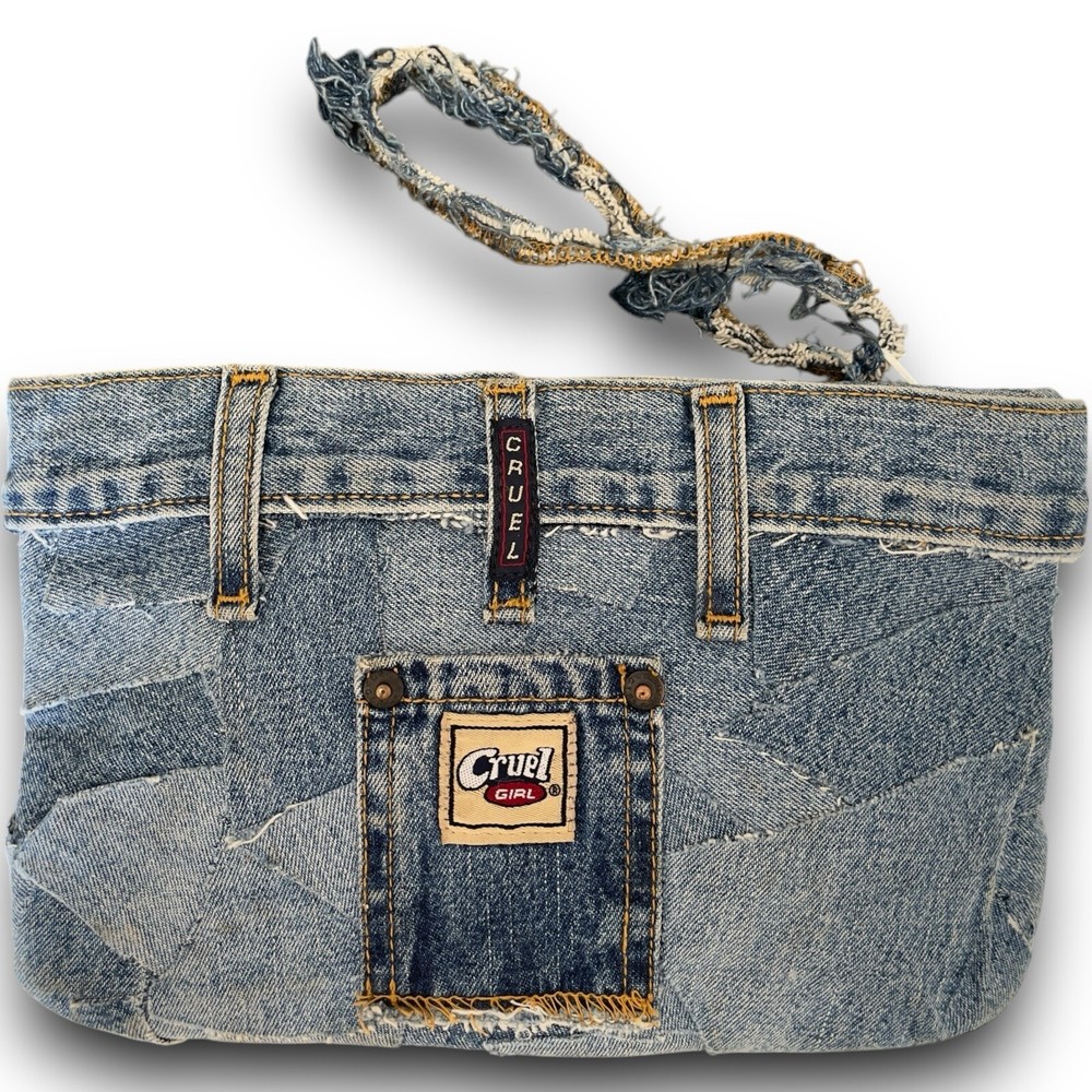 Vtg Upcycled Cruel Girl Denim Clutch Boro Wristlet Handmade Patchwork Jean Purse
