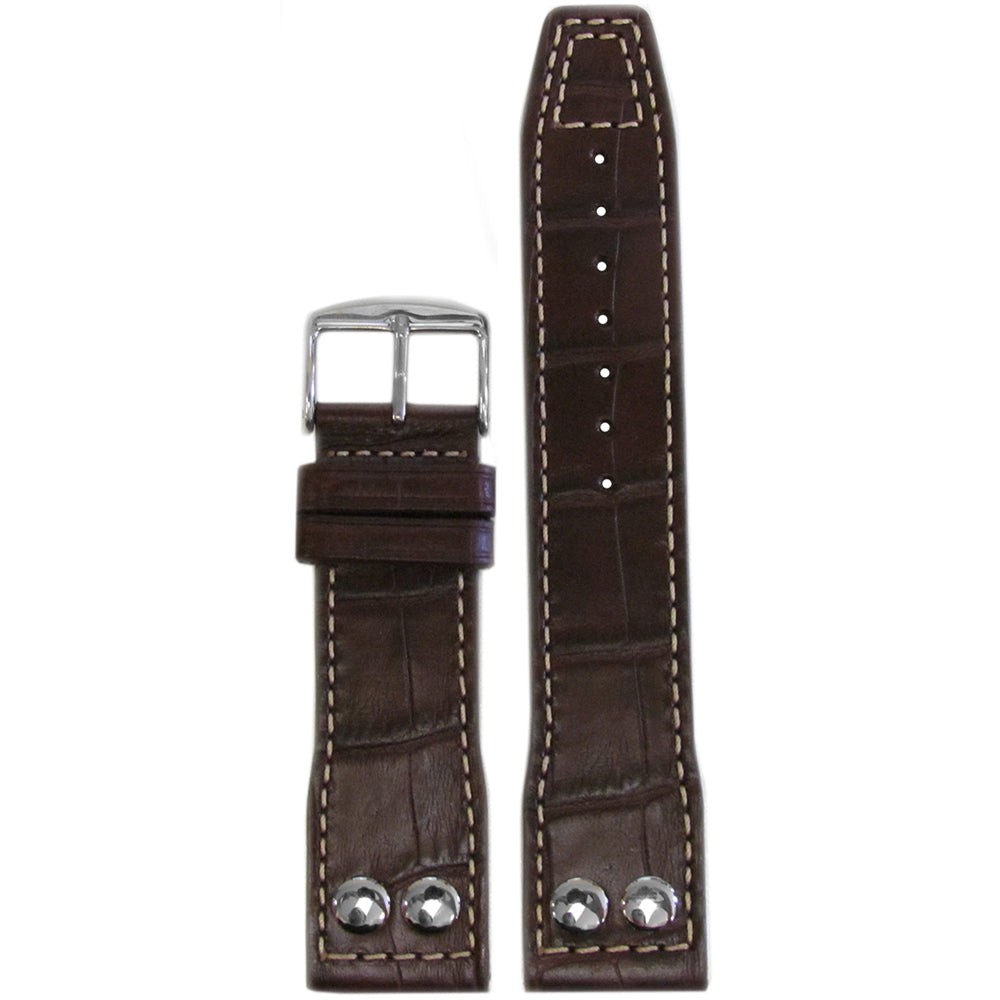 Embossed Leather Gator Pilot Watch Band in Dark Brown with White Stitching