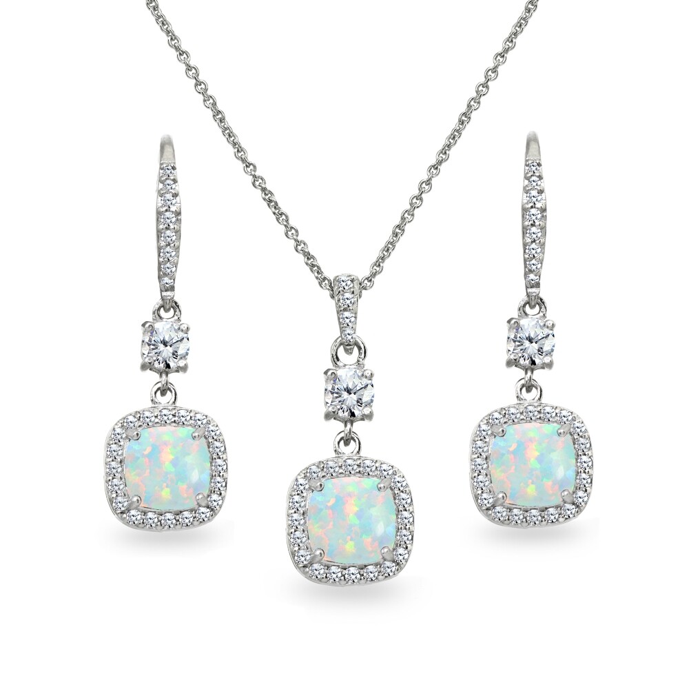 Cushion Halo Simulated White Opal 925 Silver Leverback Earrings & Necklace Set