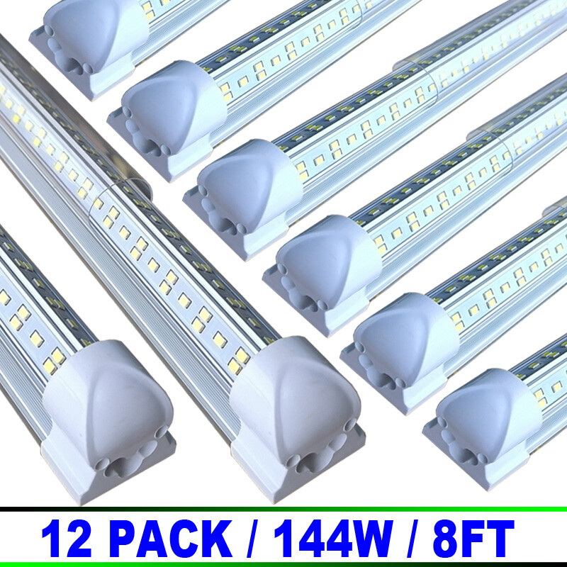 12/Pack 8 ft LED Shop Lights 144W integrated 6500K for Warehouse V-Shaped Bulbs