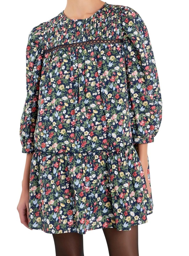 English Factory Floral Print Pintuck Mini Dress cottage pleated 90s sz L