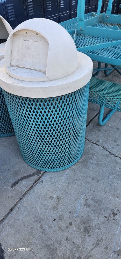Vintage Outdoor Trash Can Steel Metal Blue Yard Businesses Park Used Good