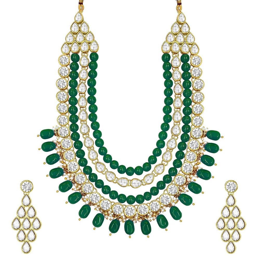Aheli Green Gold Plated Kundan Long Necklace and Earrings Set Indian Jewelry