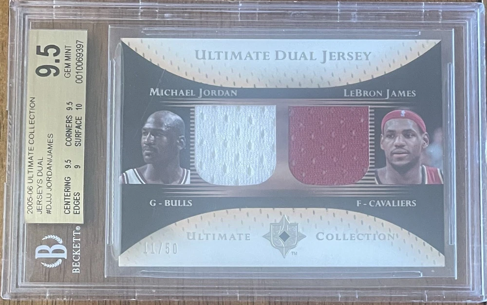2005-06 Ultimate Collection - Ultimate Dual Jersey #DJ-JJ LeBron James, Michael Jordan /50 (MEM)