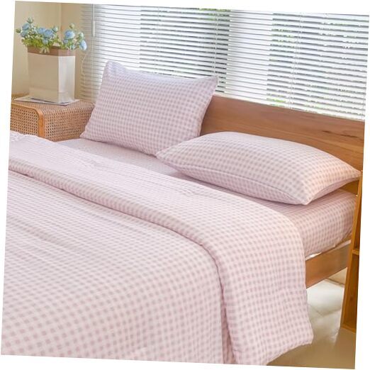 Queen Comforter Set, Pink Gingham Bedding Comforter Sets, Pink Grid Bed
