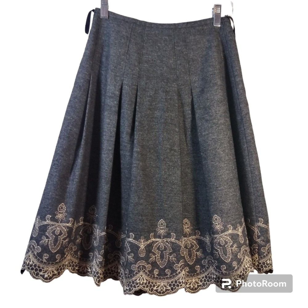Gray Wool Pleated Skirt with Gold Embroidery - Size Small by Dee Flavor