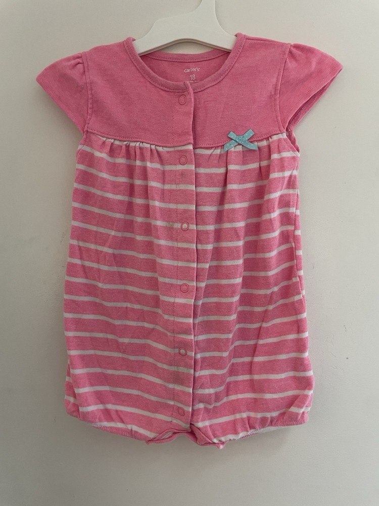 Carter's Baby Girl Striped Bow Cotton Blend Snap-Up Short Sleeve Romper Pink 18M
