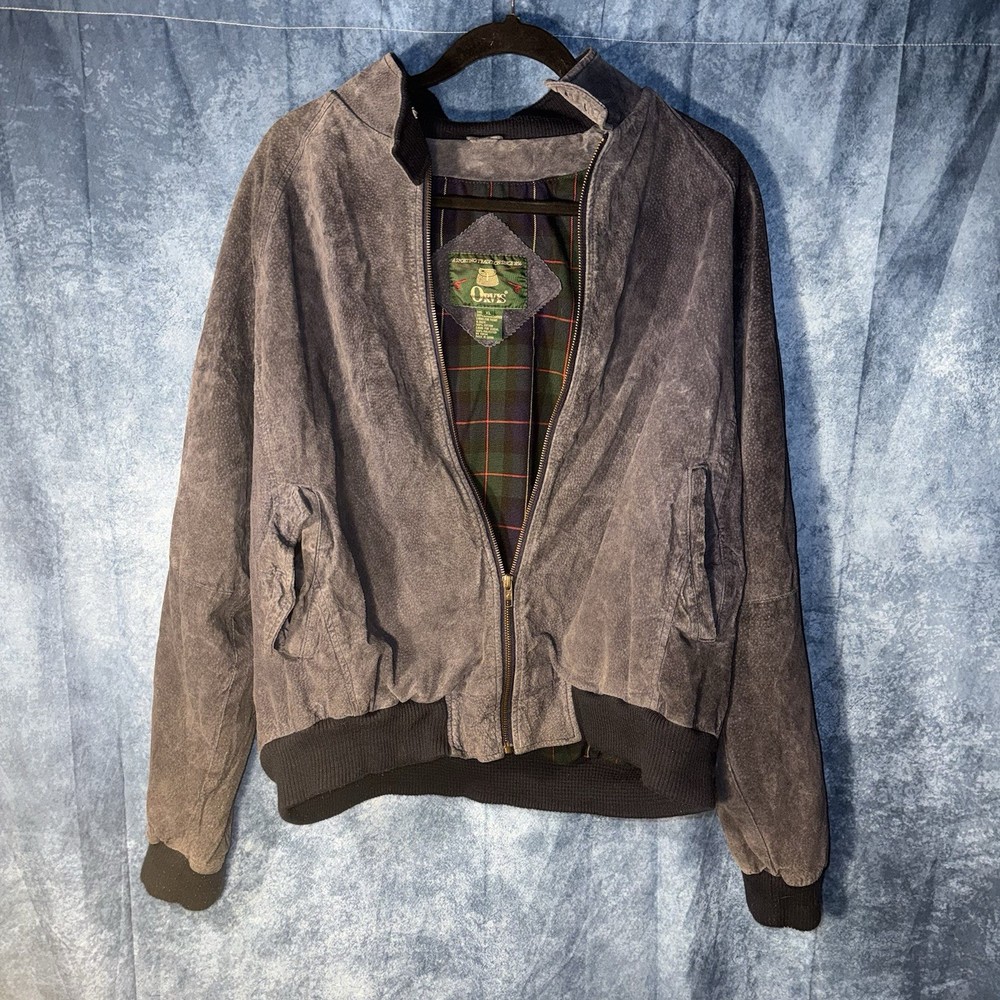 VTG Orvis Gray Leather Bomber Jacket Stand-Up Collar Zip Ribbed Accents Men's XL