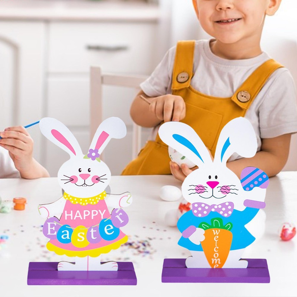 2 Pieces Easter Rabbit Wood Table Sign Ornament Lightweight Height 18cm