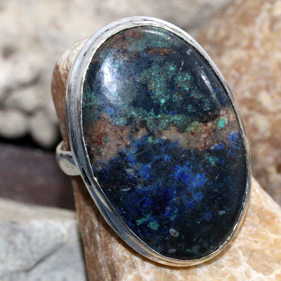 925 Silver Plated Azurite Chrysocolla Ethnic Ring Jewelry Size US 7.5 JW