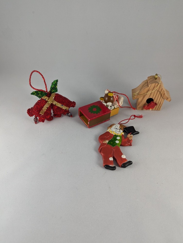 Vintage Christmas Ornament Lot Clown Bird Mouse Matchbox Bells 4pc Set  