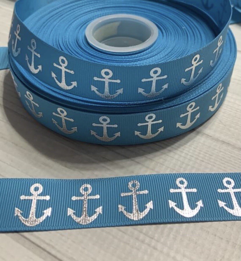 3 yards blue anchor nautical grosgrain ribbon with silver foil