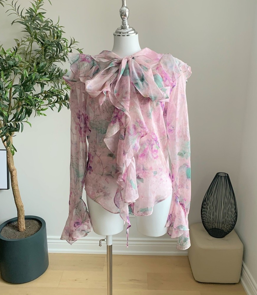 Women Romantic Floral Chiffon Ruffle Bow Blouse XS Pink Sheer Top Set