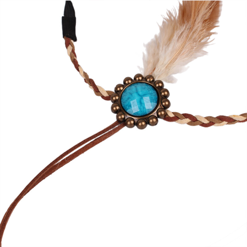 Blue Gemstone Feather Tassel Headband – Adjustable Elastic Boho Headpiece for Girls