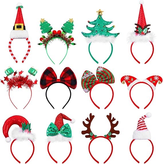 Aneco 12PCS Christmas Headbands Assorted Santa Reindeer Elf Tree Party Hats