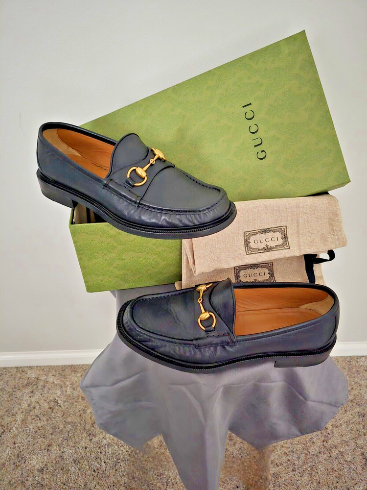 GUCCI MEN'S CURRENT BLACK LEATHER HORSEBIT DETAIL LOAFER'S SHOES 7