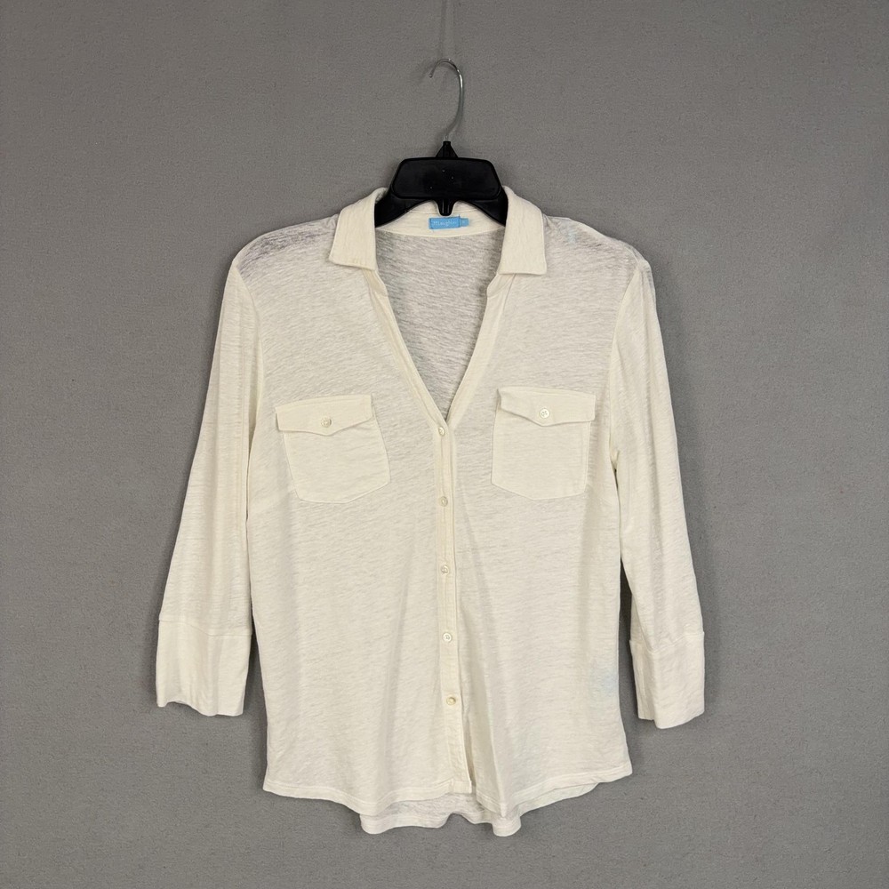 J McLaughlin Shirt Womens Medium White Linen Top Minimalist Quiet Luxury Resort