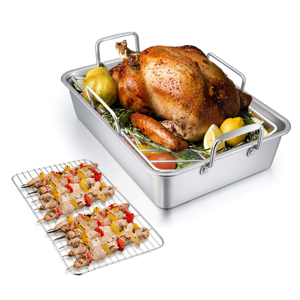 Roasting Pan with Rack, 14 Inch Stainless Steel Turkey Roaster Lasagna Pan wi...