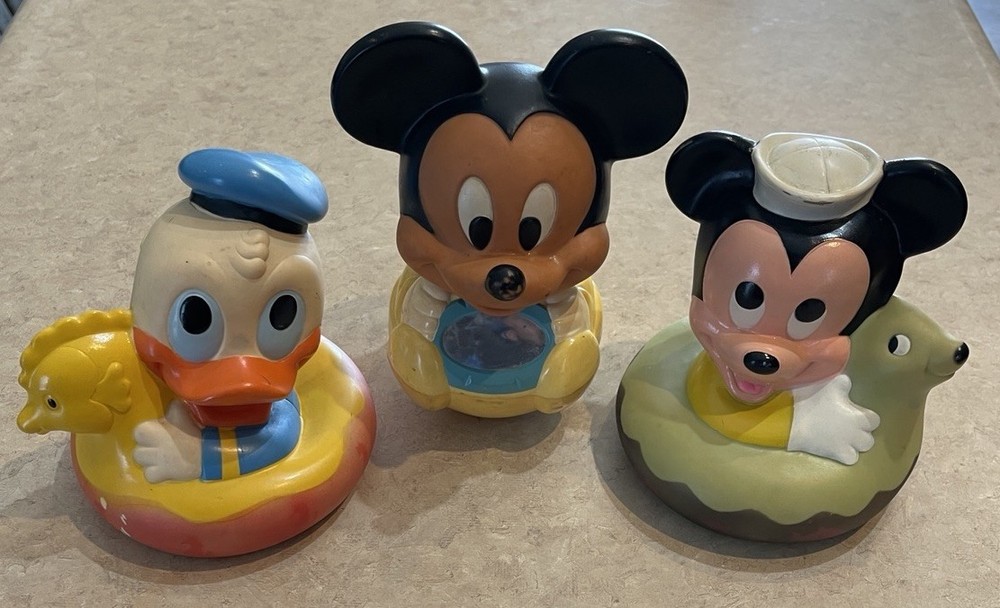 Vtg Disney Mickey Mouse 7” Roly Poly Mickey & Donald Bath Toy Lot Of 3 1984