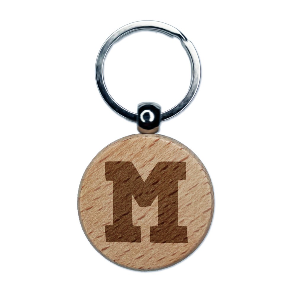 Letter M Uppercase Fun Bold Font Engraved Wood Round Keychain Tag Charm