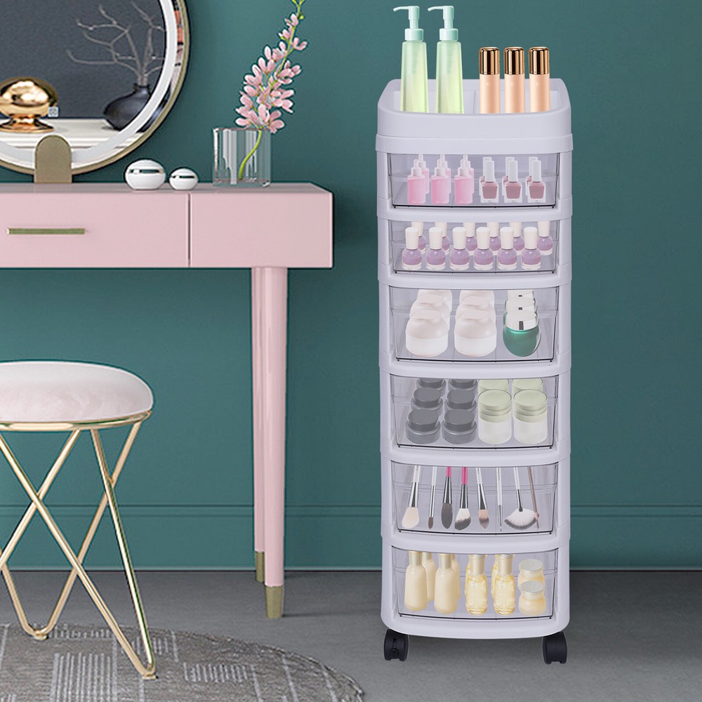 White 6 Drawer Plastic Storage Rolling Cart Organizer Cabinet Trolley w/Wheels
