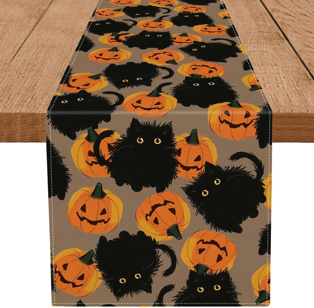 Halloween Table Runner Thanksgiving Black Cat Pumpkins Seasonal 72 inch x 13