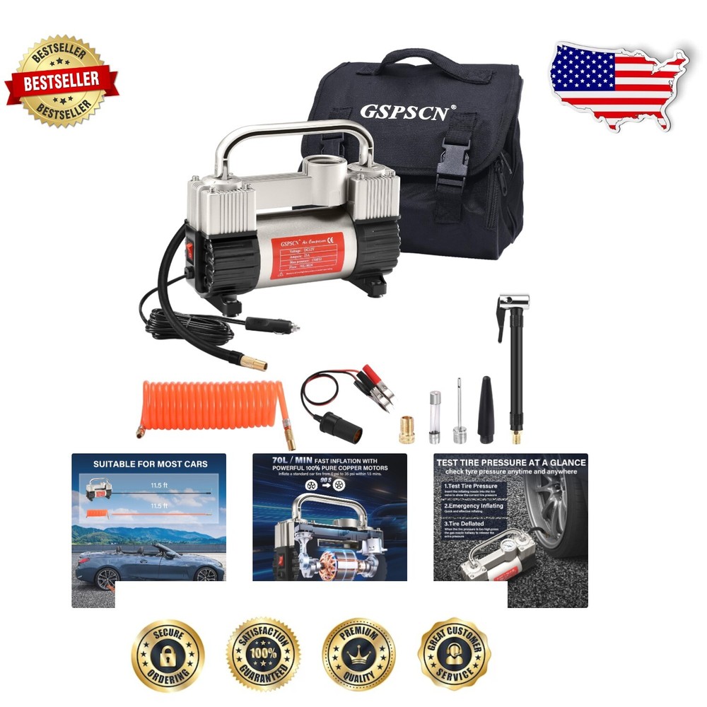 Compact Silver 12V Air Compressor with Stability Features for Quick Inflation