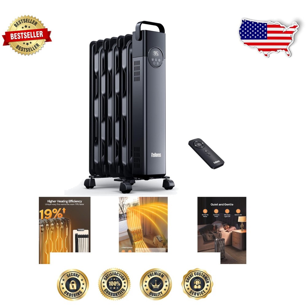 1500W Portable Oil-Filled Radiator Heater with Remote & Adjustable Thermostat